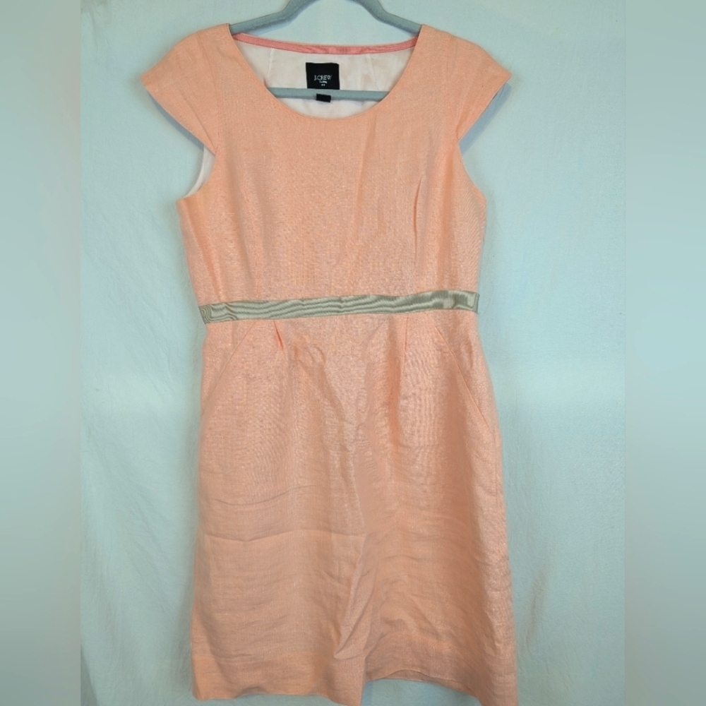 J Crew Suiting Size 8 Capped Sleeve Mid Length Peach Dress W/ Ribbon Belt Linen